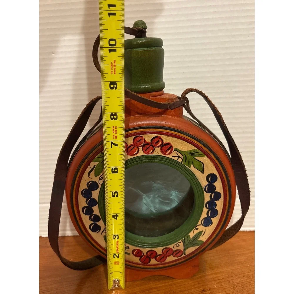 Vintage Hand Painted Wooden Canteen Glass Window Folk Art Berry Leather Strap